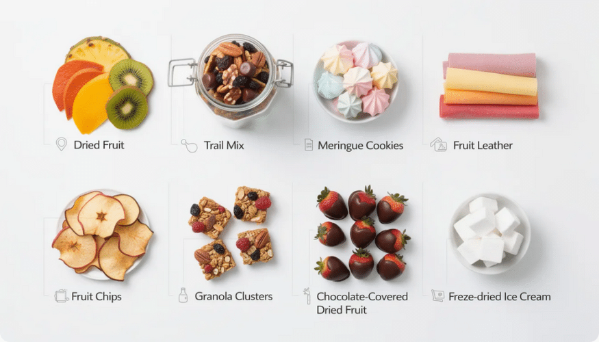 The image showcases a variety of popular dehydrated desserts, including fruit leather,trail mix, fruit chips, all neatly arranged on a white background.