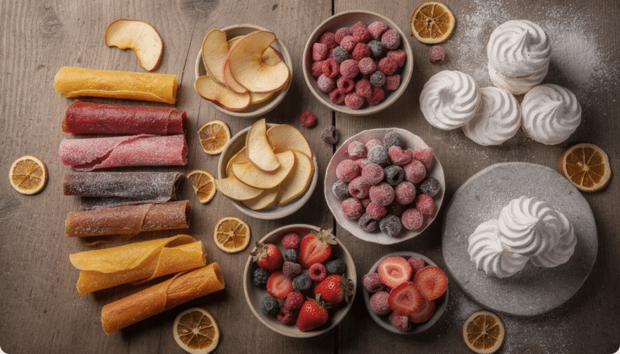The image showcases a variety of dehydrated desserts, including apple chips and fruit leathers, neatly on a table, perfect for backpackers. These sweet treats are designed to be easily rehydrated with water, making them a delicious and convenient option for a satisfying dessert after a long day on the trail.