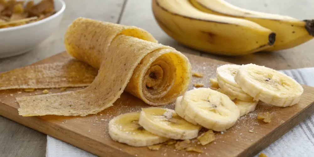 A photo of a homemade banana bread roll-up snack on a wooden cutting board.