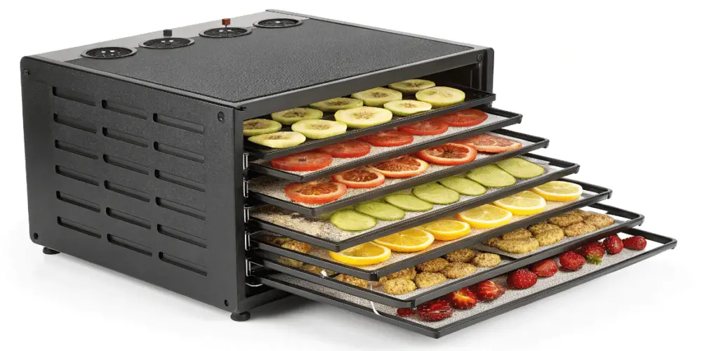 a black sleek food dehydrator with food in trays