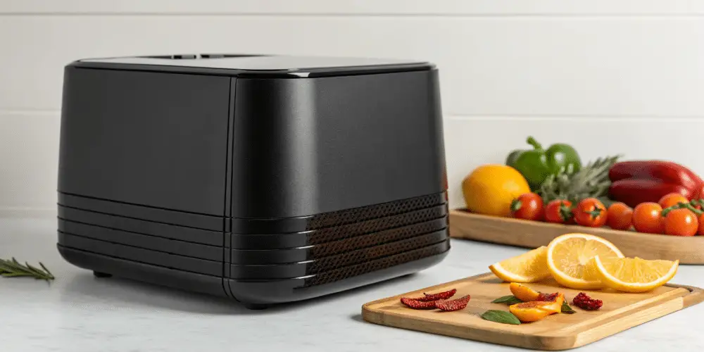 a black sleek food dehydrator next to sliced fruits.
