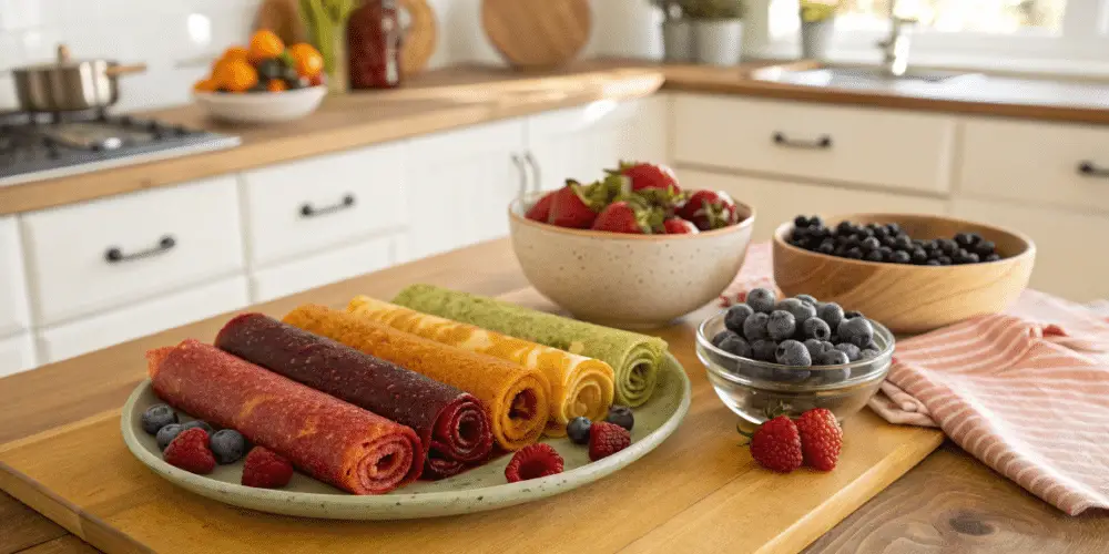 different fruit leathers on a plate in a cozy kitchen