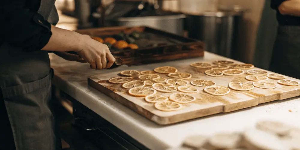 Dehydrated Citrus Wheels on a kitchen chopping board
