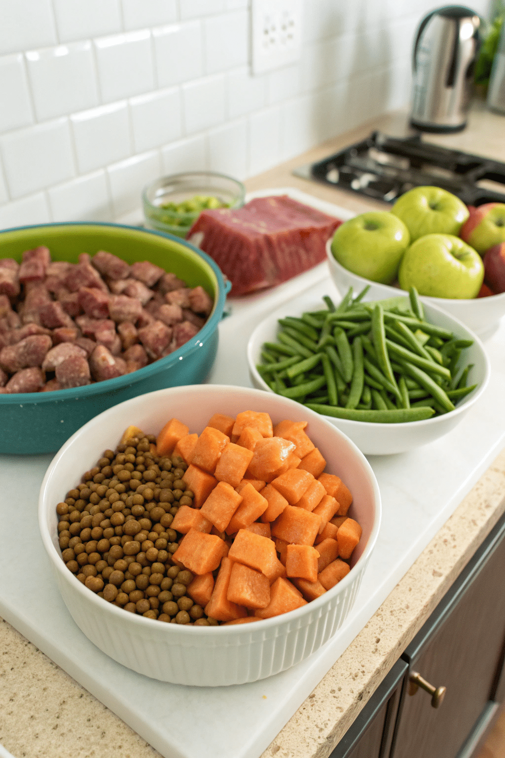 A colorful array of ingredients for dehydrated dog food, including lean meats, sweet potatoes, green beans, and apples, neatly arranged on a kitchen counter.