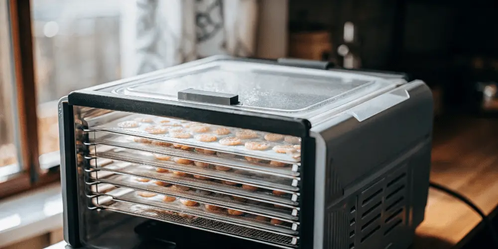 A sleek metal and plastic food dehydrator on a wooden table