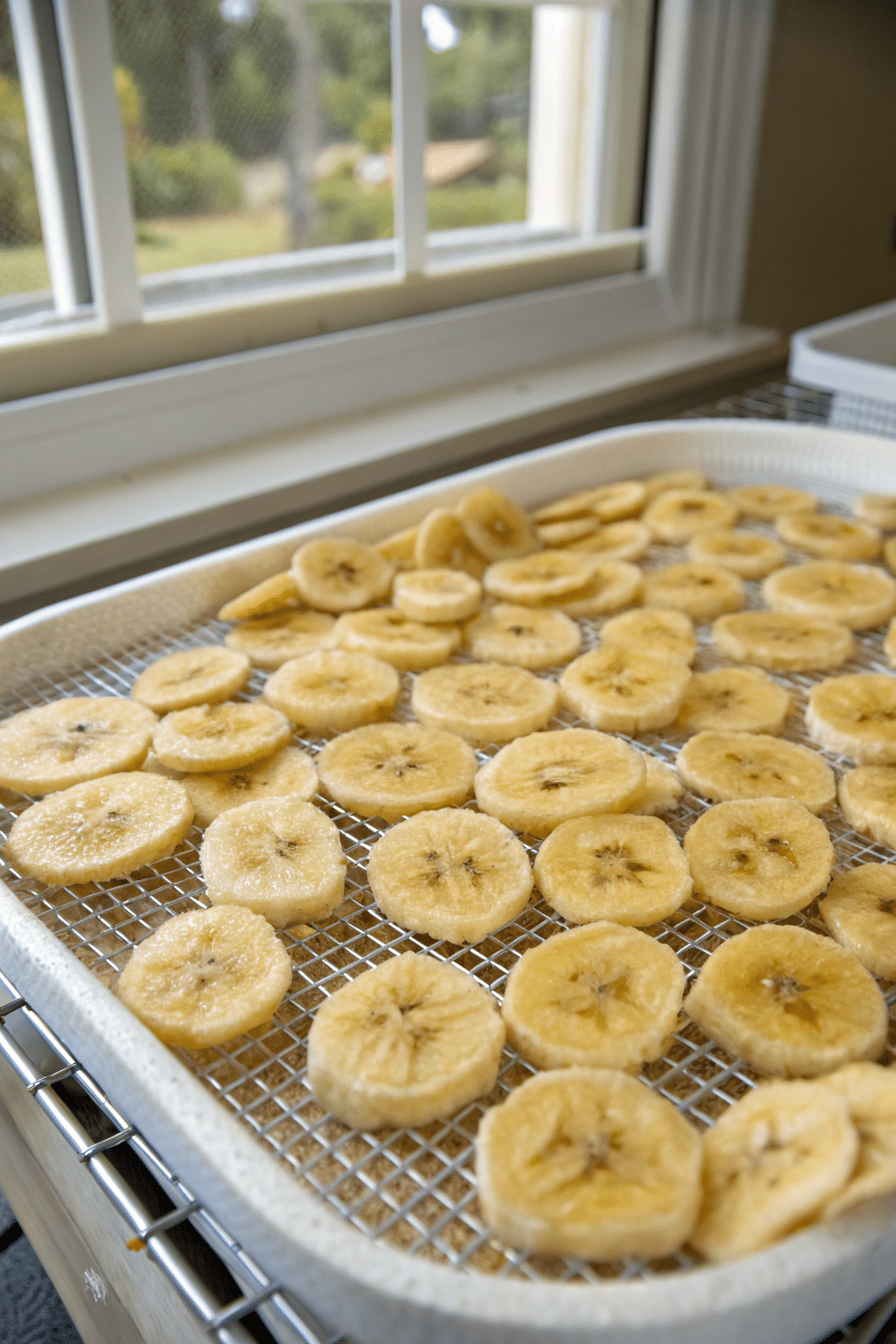 Firm banana slices laid out evenly on a dehydrator tray, showing their golden color and slightly curled edges, indicating they are fully dried and ready as a healthy dog treat.