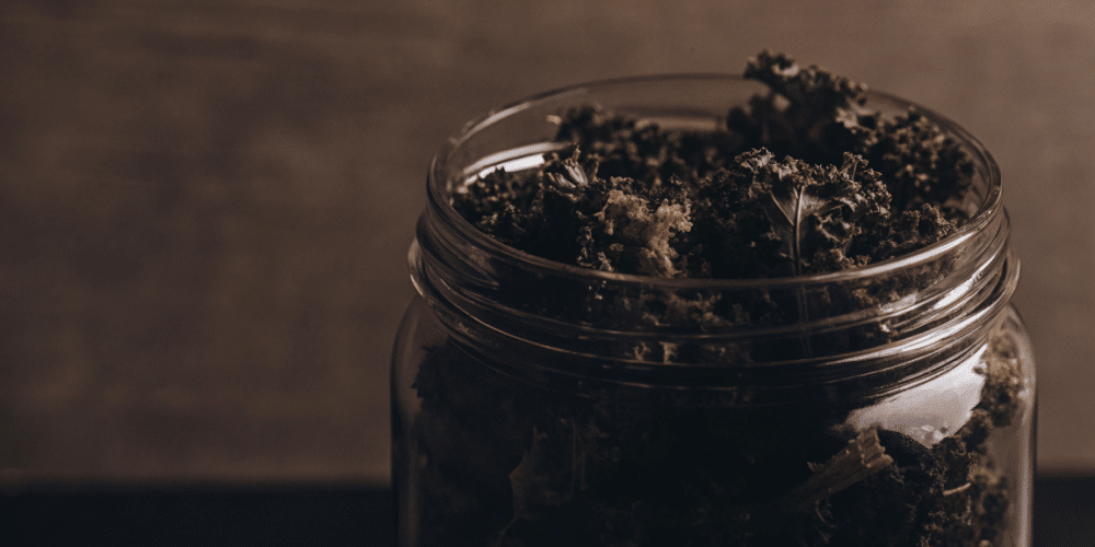 dried kale chips in a mason jar.