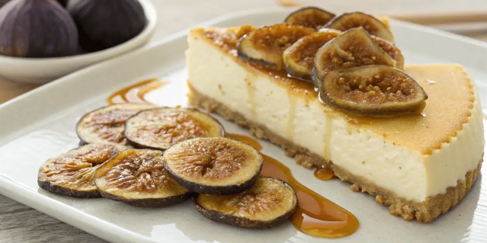 dried thin Fig chips and Honey Cheesecake sliced on a plate