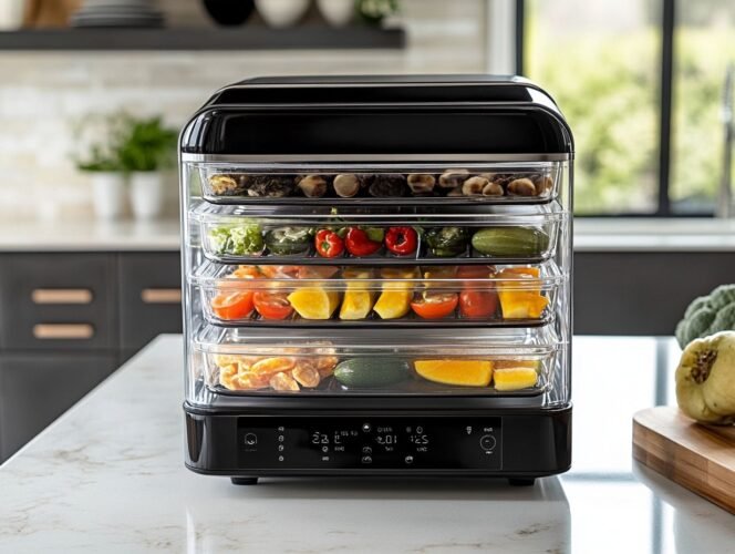 A front view of a sleek black food dehydrator