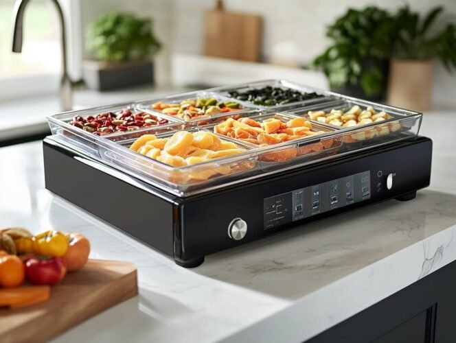 A sleek black food dehydrator with fruit in tray.