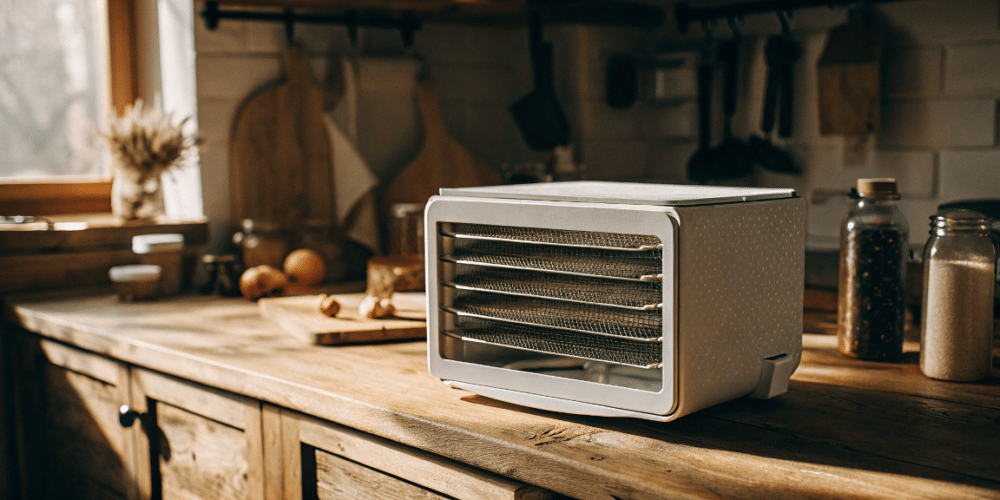 A white food dehydrator in a cozy kitchen