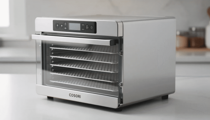 The image showcases the Cosori food dehydrator CP267-FD model, a sleek stainless-steel appliance with a glass front door and a digital control panel, featuring multiple removable stainless steel racks for dehydrating different foods like fruits, vegetables, and meats. This compact machine is designed for easy use and cleaning, making it perfect for creating healthy snacks such as beef jerky and fruit leathers.