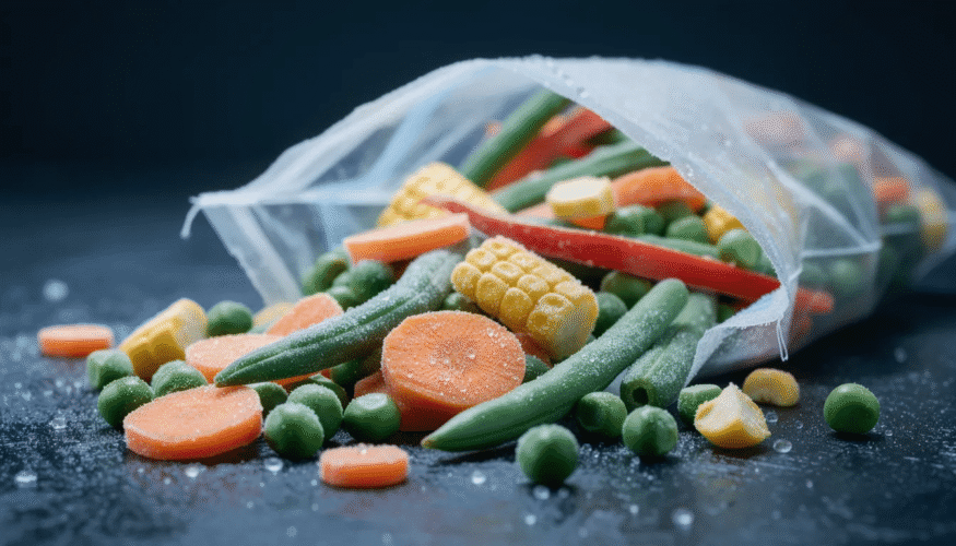 The image features a variety of frozen vegetables, including green beans, corn, and mixed veggies, neatly packaged in a bag. These frozen vegetables are ready for storage or cooking, showcasing their vibrant colors and freshness, ideal for adding to meals or side dishes.