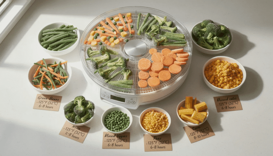 The image depicts a variety of dehydrated vegetables laid out on dehydrator trays, including green beans, broccoli, carrots, peas, and corn, all prepared for long-term food storage. This visual highlights the dehydrating process, showcasing the vibrant colors and textures of the vegetables, emphasizing their potential for use in soups and as snacks.