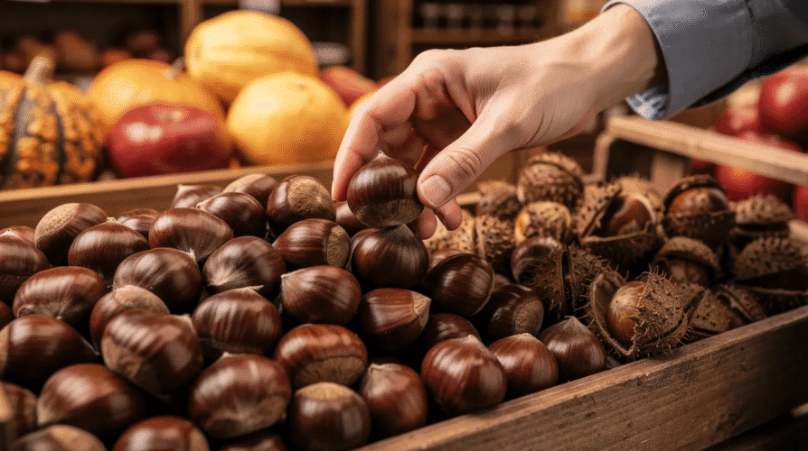 The image shows a selection of fresh chestnuts, characterized by their glossy appearance and full, intact shells, arranged neatly in a basket. This visually emphasizes the importance of choosing high-quality nuts for roasting, as well as the proper storage conditions for maintaining their freshness.