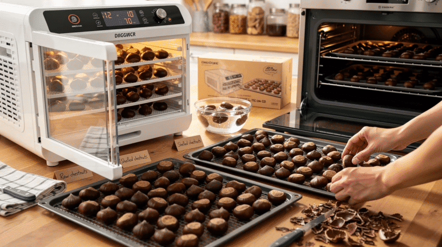An image depicting the process of drying fresh chestnuts using a food dehydrator, with trays filled with both raw and shelled chestnuts arranged in a single layer for even drying. The dehydrator is set at low heat, and a timer is visible, indicating the 12-hour drying period.