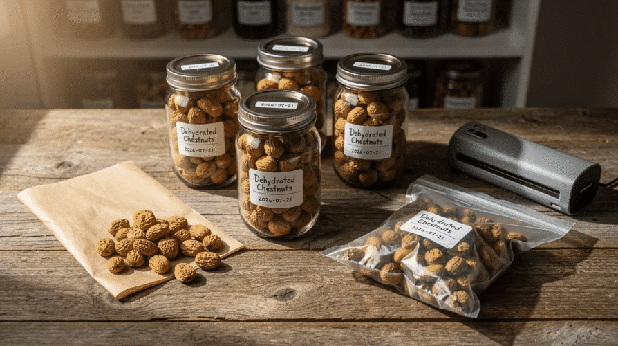 The image illustrates a method for storing dehydrated chestnuts, showing a sealed plastic bag filled with dry chestnuts placed on a baking sheet in a cool, dry place. This storage technique helps maintain the chestnuts' flavor and extends their shelf life for long-term use.