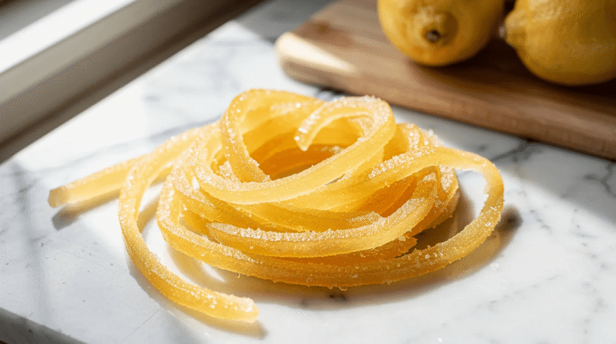The image showcases vibrant, zesty candied lemon peel arranged neatly on a white plate, highlighting the shiny, sugary texture of the thin strips. This delightful treat, made from organic lemons, can be used in various recipes, including lemon bars and as a garnish for baked goods.