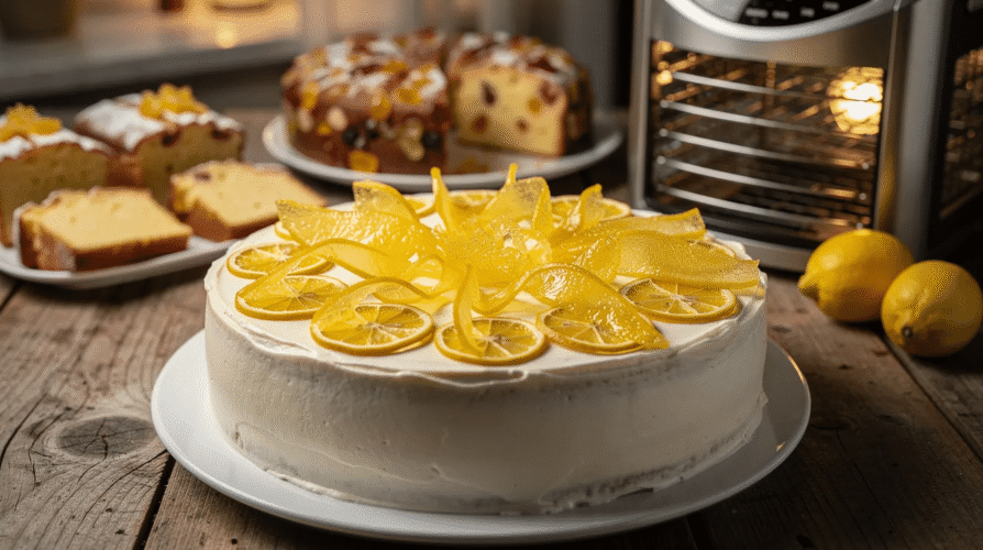 The image features a beautifully decorated white cake topped with vibrant candied lemon peel, showcasing its zesty flavor and bright color. This delightful garnish enhances the overall appearance and taste of the cake, making it perfect for summer nights or festive occasions.