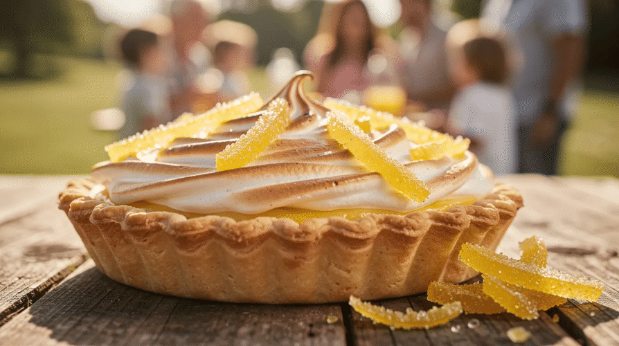 The image depicts a beautifully topped lemon meringue pie, featuring a generous layer of fluffy meringue and vibrant candied lemon peel adorning the surface. This delightful garnish adds a zesty touch, enhancing the pie's lemon flavor and providing a visually appealing contrast to the creamy filling.