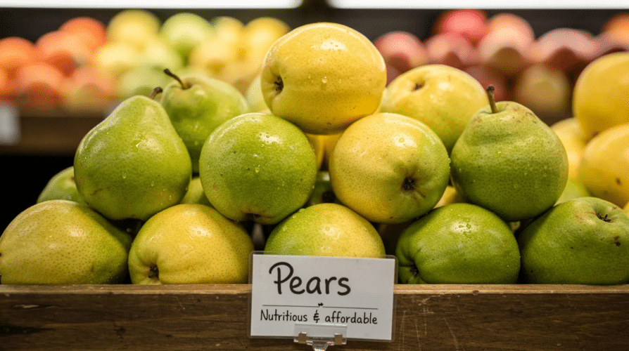 The image showcases a variety of ripe pears, emphasizing their nutritional value and affordability as a readily available fruit in grocery stores. These pears can be transformed into dehydrated fruits through the food dehydration process, enhancing their shelf life and making them a healthy snack option.