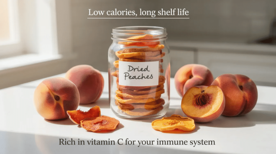 The image showcases a vibrant display of fresh peaches, emphasizing their natural sweetness and juicy texture, which makes them one of the best foods to dehydrate for long-term storage. Dehydrating these fruits not only enhances their flavors but also preserves their nutritional value, making them a healthy snack option.