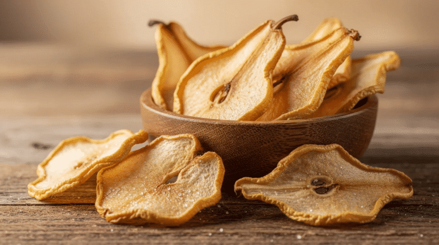 The image displays a collection of dehydrated pears arranged on a dehydrator tray, showcasing thin, golden-brown pear slices that have become crispy and sweet. These delicious snacks are perfect for a healthy treat and can be stored in an airtight container for later enjoyment.