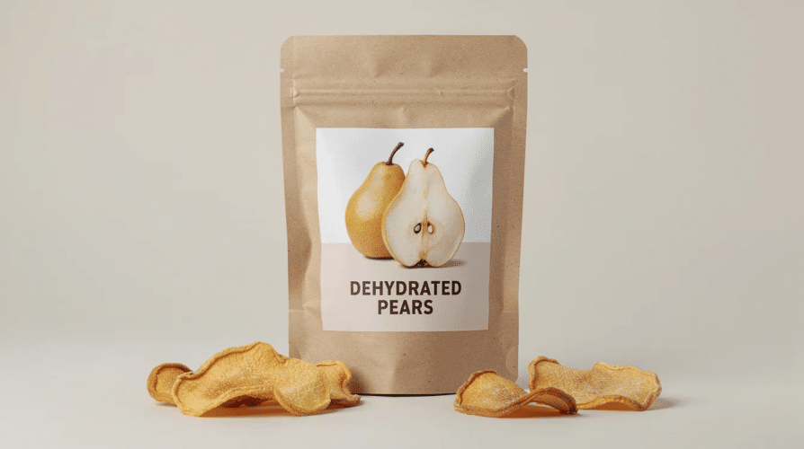 The image shows a bowl filled with crispy dehydrated pear slices, arranged neatly and glistening slightly from a light coating of lemon juice. These delicious snacks, perfect for kids, are ideal for preserving the sweet flavor of fresh pears while providing a healthy treat option.