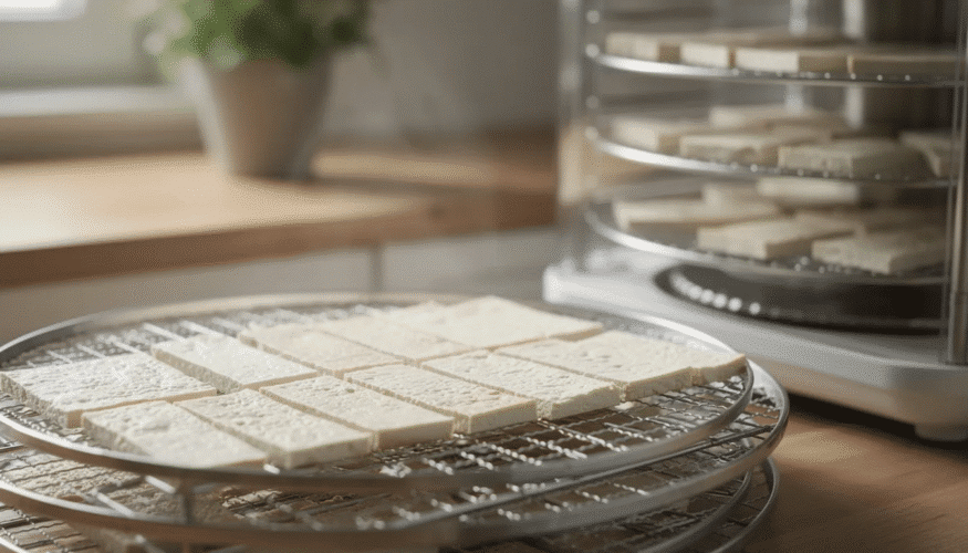 The image shows a step-by-step process of dehydrating tofu, featuring extra firm tofu sliced into even pieces and arranged on dehydrator trays. The setup includes various seasonings for flavor enhancement, illustrating a cost-effective method to prepare dehydrated tofu for backpacking meals and snacks.