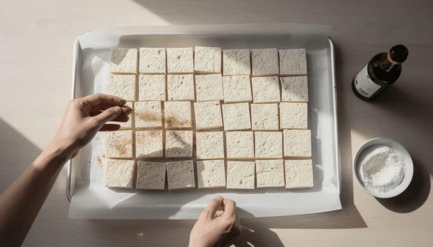 The image depicts a step-by-step process of dehydrating tofu, showcasing sliced extra firm tofu arranged on dehydrator trays. The preparation includes marinating the tofu to add flavor, which can later be used in meals like soups, sandwiches, or as a chewy snack, making it a cost-effective option for backpacking meals.