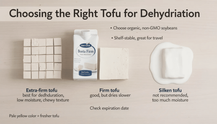 The image depicts various types of tofu, highlighting extra-firm tofu as the best option for dehydrating due to its low moisture content. It also shows firm tofu and silken tofu, with a focus on their suitability for the dehydration process, emphasizing the importance of selecting the right tofu for delicious, chewy dried tofu recipes.