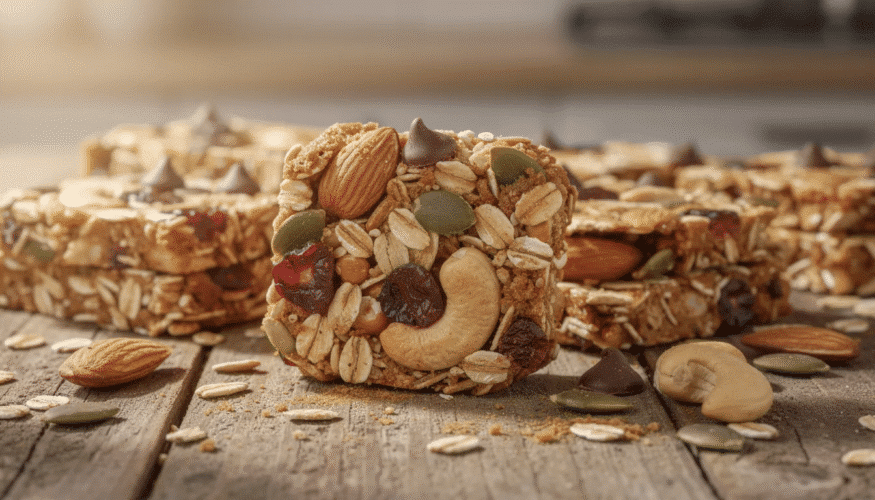The image features a variety of homemade granola bars arranged on a wooden surface, showcasing their chewy texture and colorful ingredients like dried cranberries, sunflower seeds, and mini chocolate chips. These delicious snacks are perfect for a healthy treat, highlighting the wholesome granola bar mixture made with oats, nuts, and natural sweeteners like honey and maple syrup.