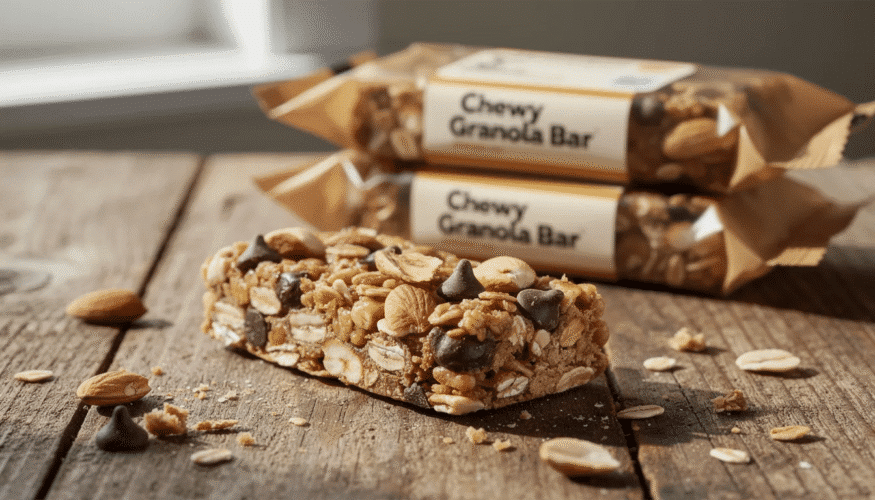 A close-up view of homemade chewy granola bars is displayed, featuring a colorful mixture of oats, nuts, seeds, and mini chocolate chips, all held together by a sticky blend of maple syrup and nut butter. The bars are cut into individual pieces and are arranged on a parchment-lined tray, showcasing their delicious and healthy ingredients like dried cranberries, pumpkin seeds, and coconut flakes.