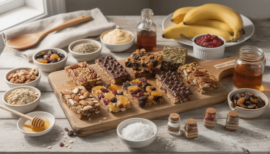 A vibrant kitchen scene features a large mixing bowl filled with a colorful granola bar mixture, showcasing various nuts, seeds, and dried fruits like cranberries and banana. On the countertop, ingredients such as honey, chocolate chips, and coconut flakes are ready to be incorporated, highlighting the customization options for homemade granola bars.