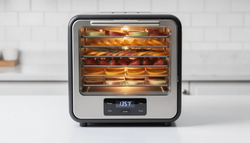 The image shows a dehydrator with multiple trays filled with an assortment of frozen vegetables, including green beans, corn, and broccoli, ready for the dehydrating process. This appliance is ideal for dehydrating food, allowing for long-term food storage and easy preparation of meals like soups or side dishes.