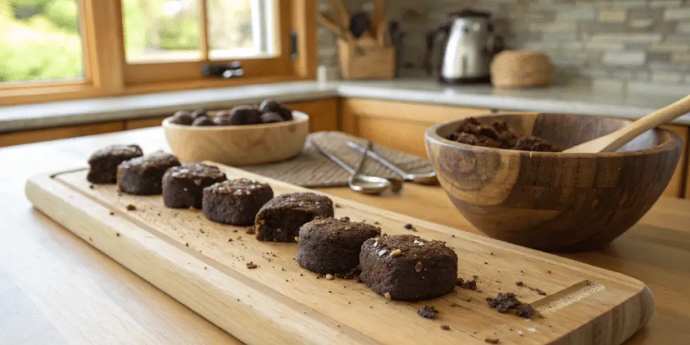 Raw Dehydrated Brownie Bites in a kitchen