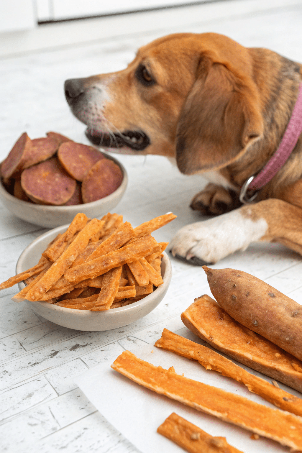 a dog next to sweet potato dog chews