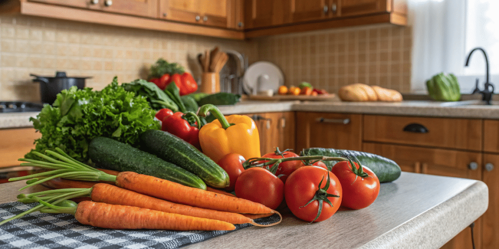 Different vegetables in a kitchen.
