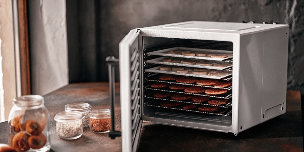 A white metal food dehydrator with foods in trays