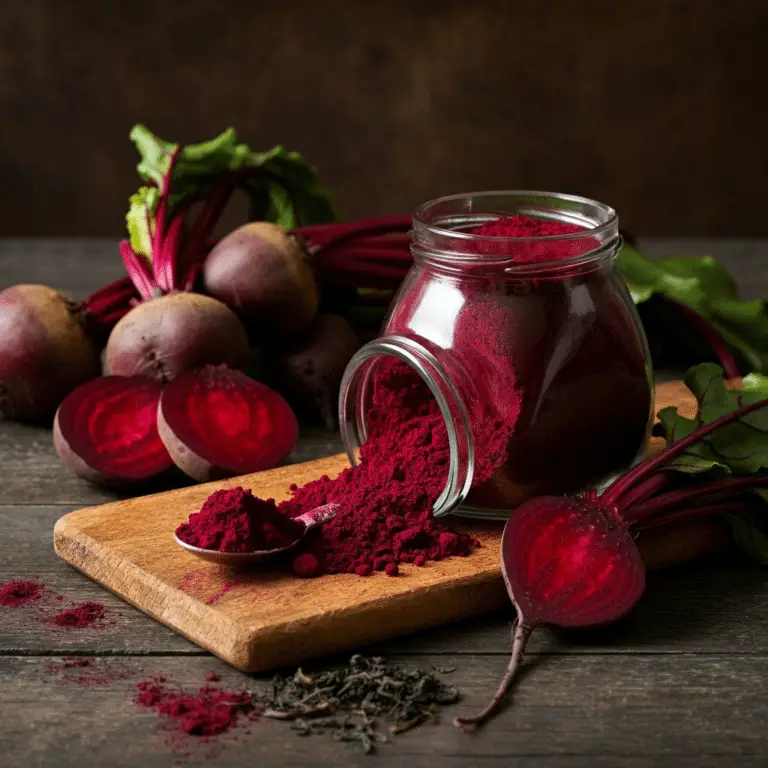 Dehydrated beet tea with beets and tea leaves.