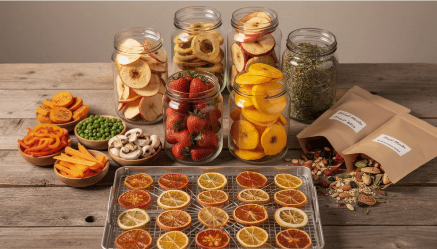 The image showcases a variety of dehydrated foods, including apple chips, dried apricots, and dehydrated vegetables, all neatly arranged in glass jars. These shelf-stable snacks highlight the food dehydration process, which retains their nutritional value while offering a healthy and portable option for reducing food waste.
