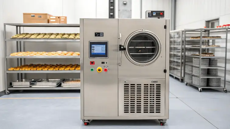 A large silver metal freeze dryer machine in a kitchen.