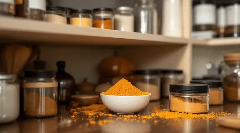 A view of a pantry showing pumpkin powder.