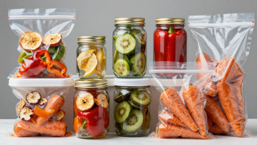 The image depicts various storage containers and methods for preserving food, including vacuum sealed bags, mason jars, and mylar bags, showcasing dehydrated fruits and vegetables like bell peppers and carrots. These methods help extend the shelf life of foods, ensuring they remain shelf stable and maintain their nutritional value while preventing moisture and air exposure.