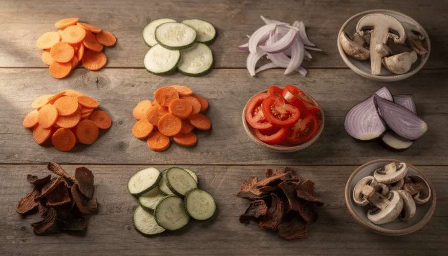 The image features an assortment of dried vegetables, showcasing various colors and textures that highlight the dehydration process. These dehydrated veggies serve as a convenient, shelf-stable option for healthy eating, retaining much of their original nutritional value while providing an easy way to reduce food waste.
