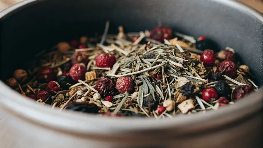 dried berry with herbs in a bowl.