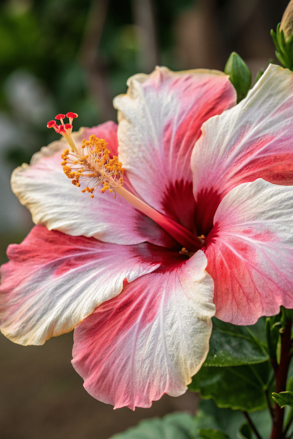 A photo of a vibrant hibiscus flower with a mix of pink and white petals, showcasing a rich, natural color palette. The flower is in full bloom, with its petals spread out to display their full beauty. The hibiscus is growing from a plant with green leaves visible around the edges. The background is blurred, emphasizing the hibiscus as the main subject of the image. The overall style of the image is a close-up, high-resolution photograph.