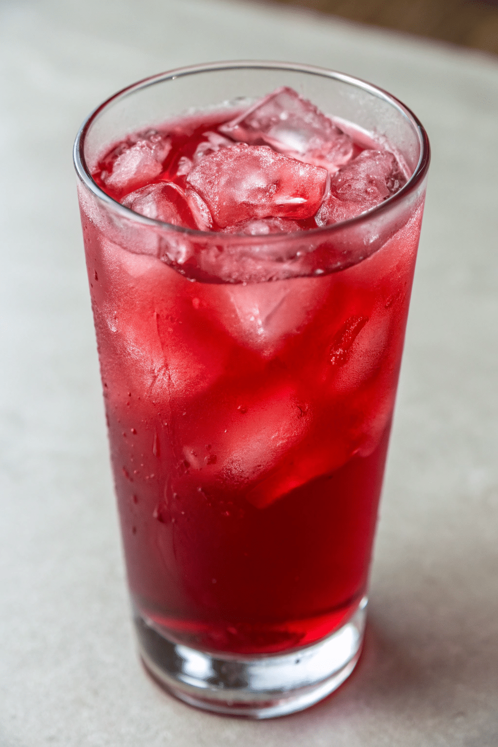 A photo of a refreshing drink in a clear glass with a rich, ruby-red hue. The drink is filled with ice cubes and is served in a transparent glass cup. The ice cubes are visible, floating in the liquid, and the overall composition is simple and visually appealing. The glass is on a surface with a subtle, light-colored texture. The image style is a close-up, high-resolution photograph with a focus on the details of the drink and the ice.