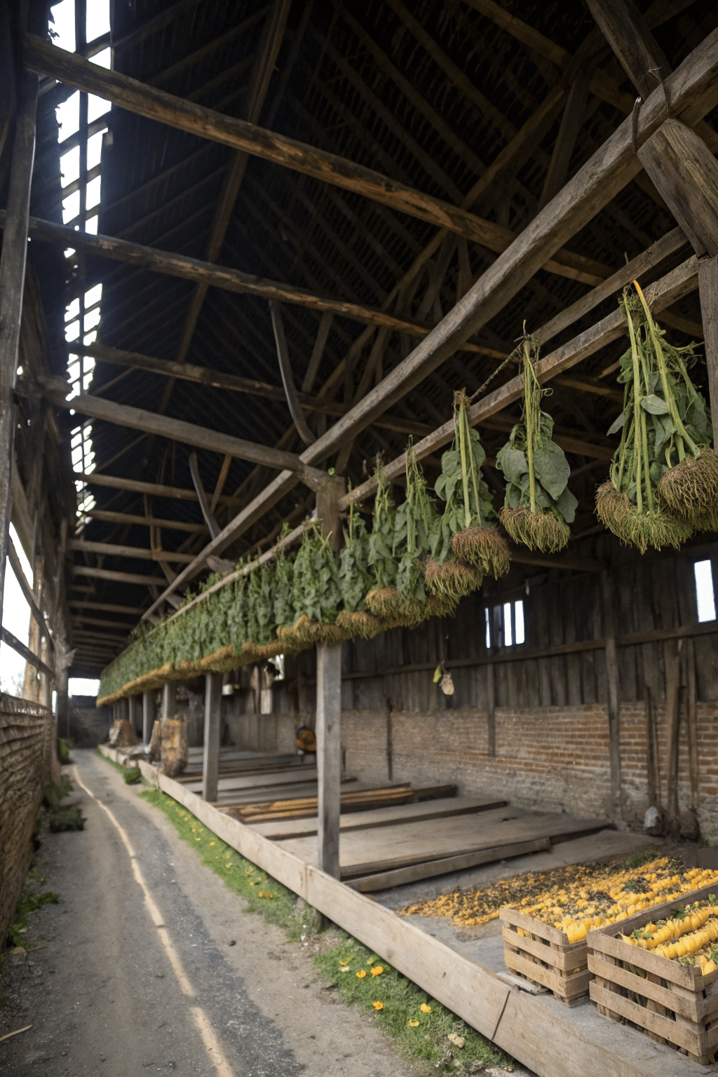Sunflower heads hanging upside down in a dry, dark space, such as a barn or shed. The heads are spaced apart to ensure proper air circulation.