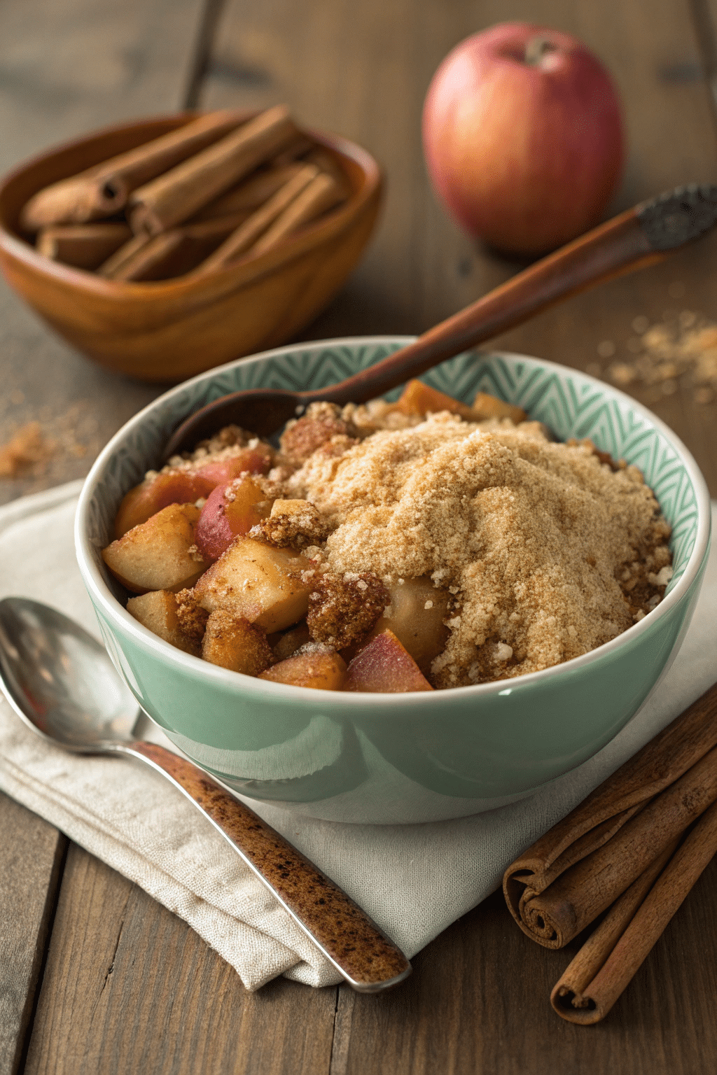 A photo of a rustic, warm meal setup with a bowl of fruit-based dish and spices. The bowl is a light green color, with a spoon resting beside it. Ingredients include cinnamon sticks, a whole red apple, and a crumbled topping. The spices are in a wooden bowl and scattered around the wooden table. The wooden table provides a rustic backdrop. The image is a close-up, high-resolution photograph with a focus on the textures and colors of the ingredients.